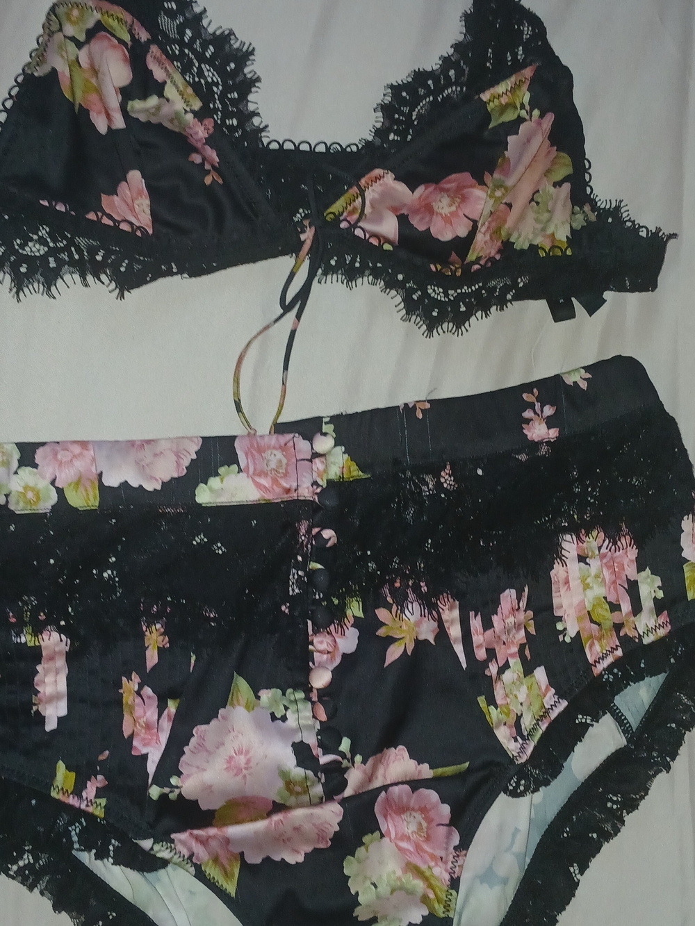 For Love & Lemons Black Bralette Set Pink Floral Panels and Lace Trim
